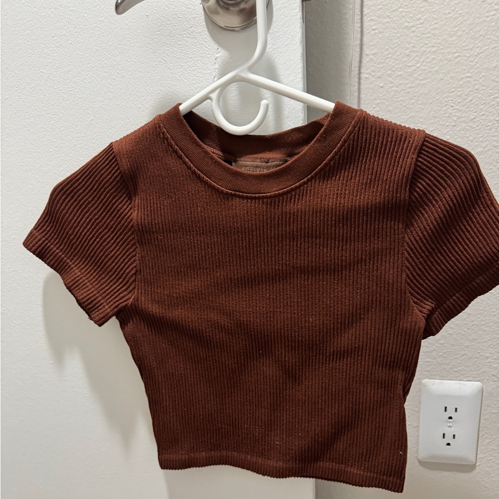 Womens Brown Ribbed Cropped Babytee